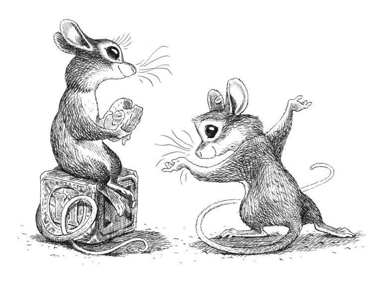 Isaiah the mouse bows to the lovely Mikayla in Joe Sutphin's illustration from WORD OF MOUSE